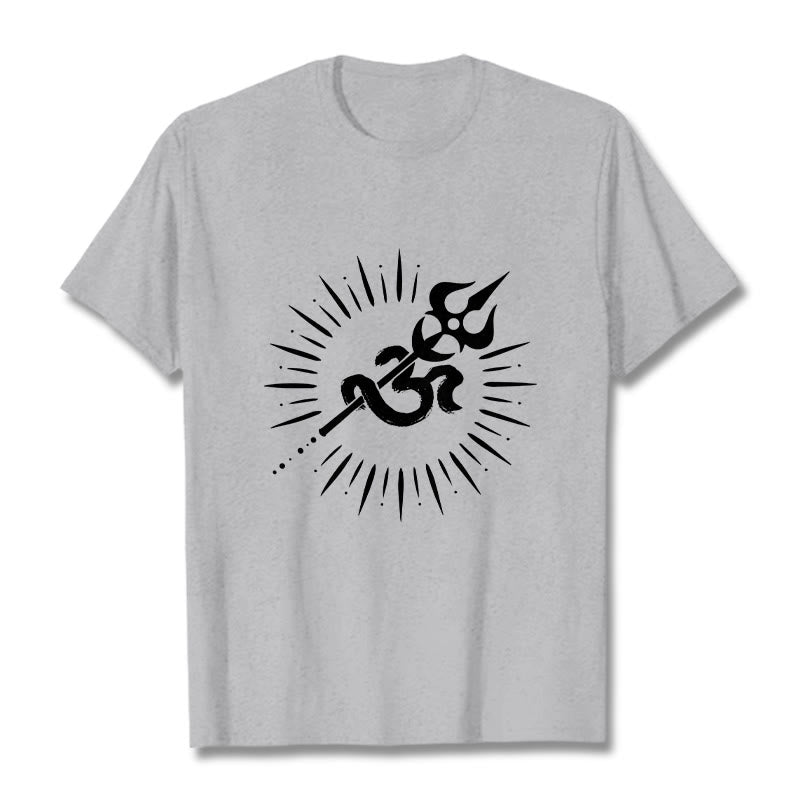 Buddha Stonesカジュアルオームシンボルトライデント放射状ライン柄コットンTシャツ - ライトグレー - 2XL - image 20