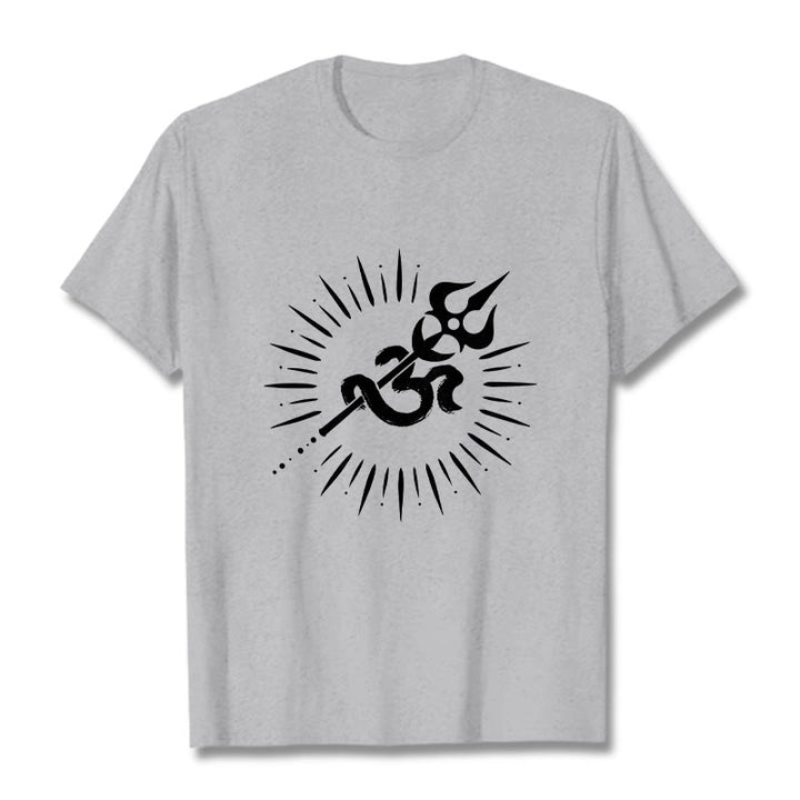 Buddha Stonesカジュアルオームシンボルトライデント放射状ライン柄コットンTシャツ - ライトグレー - 2XL - image 20