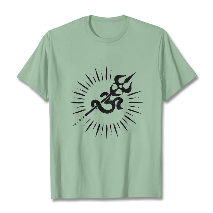 Buddha Stonesカジュアルオームシンボルトライデント放射状ライン柄コットンTシャツ - ペールグリーン - 2XL - image 15
