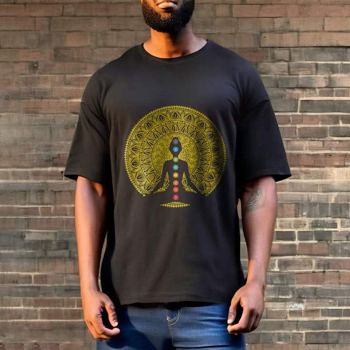 Buddha Stonesカジュアル カラフル チャクラ シンボル 黄金 瞑想 フィギュア パターン コットン Tシャツ - image 3