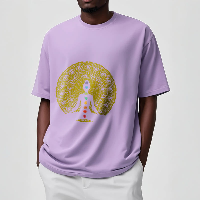 Buddha Stonesカジュアル カラフル チャクラ シンボル 黄金 瞑想 フィギュア パターン コットン Tシャツ - image 18