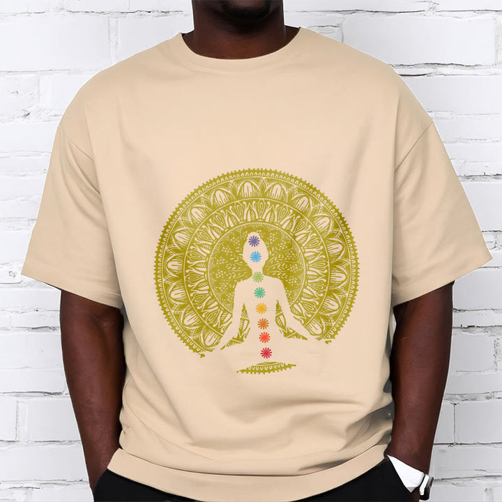 Buddha Stonesカジュアル カラフル チャクラ シンボル 黄金 瞑想 フィギュア パターン コットン Tシャツ - image 10