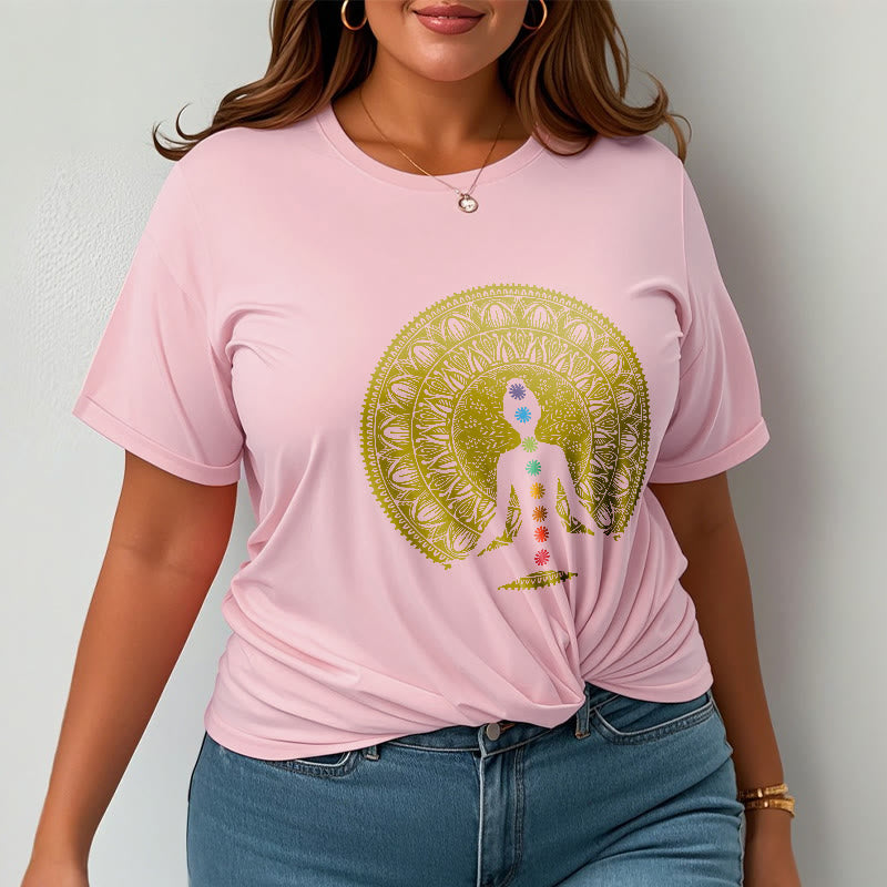 Buddha Stonesカジュアル カラフル チャクラ シンボル 黄金 瞑想 フィギュア パターン コットン Tシャツ - image 14