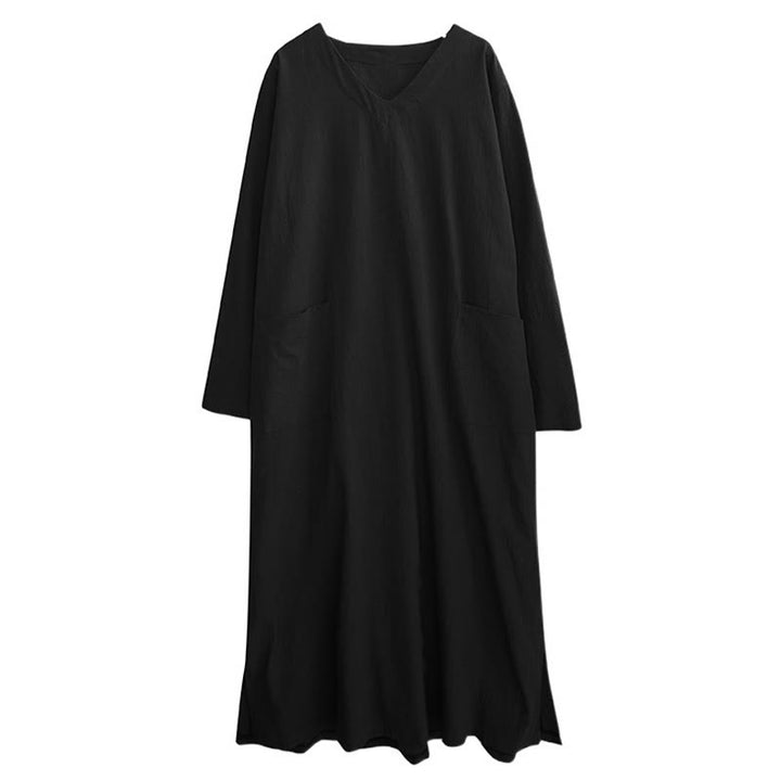 Buddha Stones秋 カジュアル シンプルデザイン 長袖 コットンリネン マキシワンピース ポケット付き - image 17