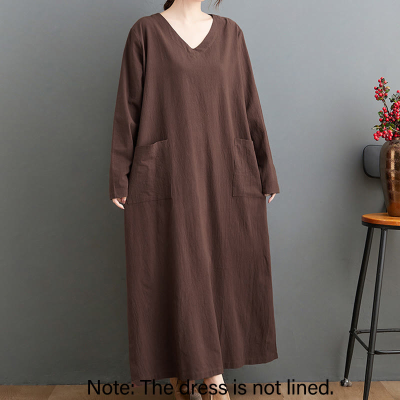 Buddha Stones秋 カジュアル シンプルデザイン 長袖 コットンリネン マキシワンピース ポケット付き - image 1