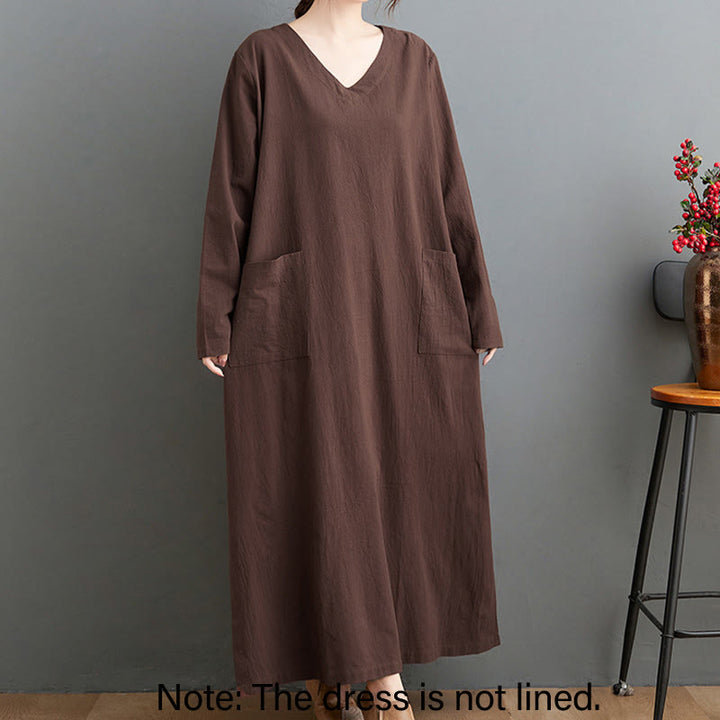 Buddha Stones秋 カジュアル シンプルデザイン 長袖 コットンリネン マキシワンピース ポケット付き - image 1