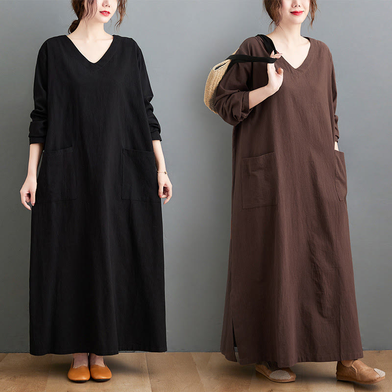 Buddha Stones秋 カジュアル シンプルデザイン 長袖 コットンリネン マキシワンピース ポケット付き - image 17