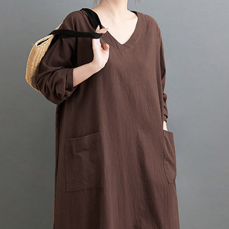 Buddha Stones秋 カジュアル シンプルデザイン 長袖 コットンリネン マキシワンピース ポケット付き - image 4