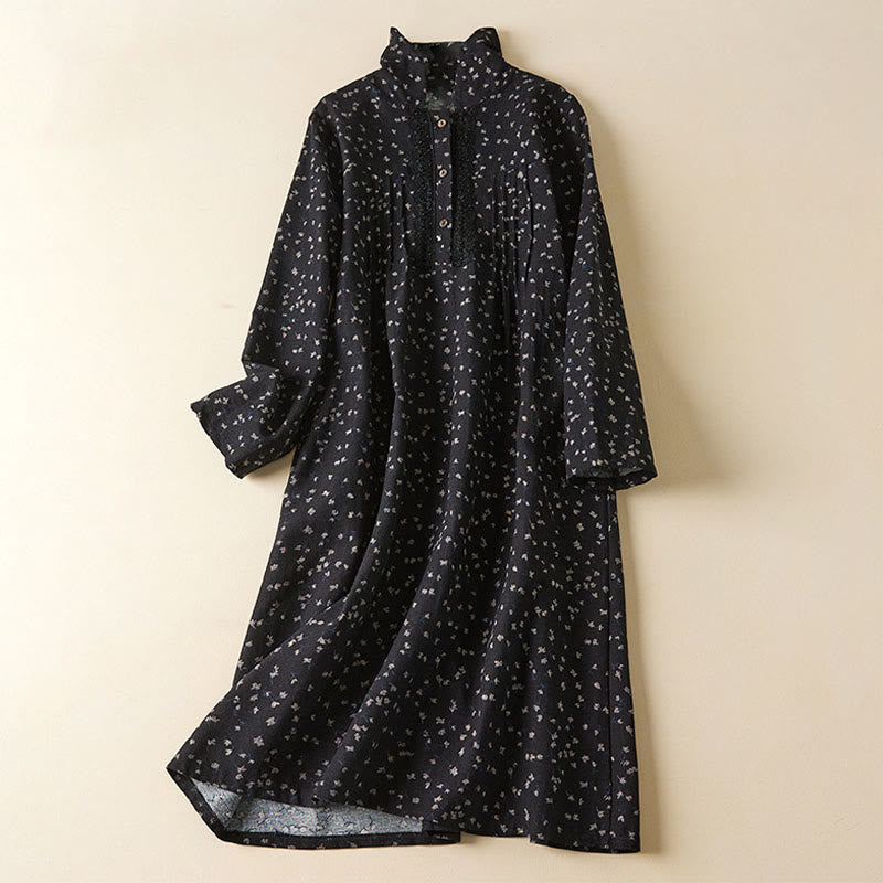 Buddha Stonesの秋プリント花柄ボタンレースラペルデザインコットンリネンミディドレス（ポケット付き） - 黒 - US8-10，UK/AU12-14，EU40-42 (2XL) - image 1