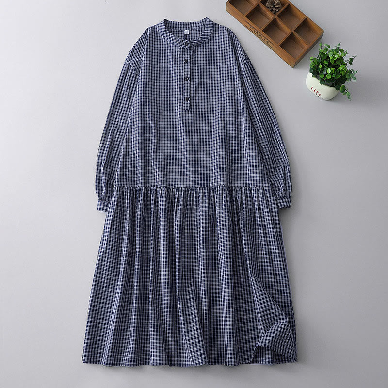 Buddha Stonesカジュアル チェック柄 ボタン ランタン 長袖 コットン ミディドレス - ダークブルー - US14、 UK/AU18、 EU46 (2XL) - image 12
