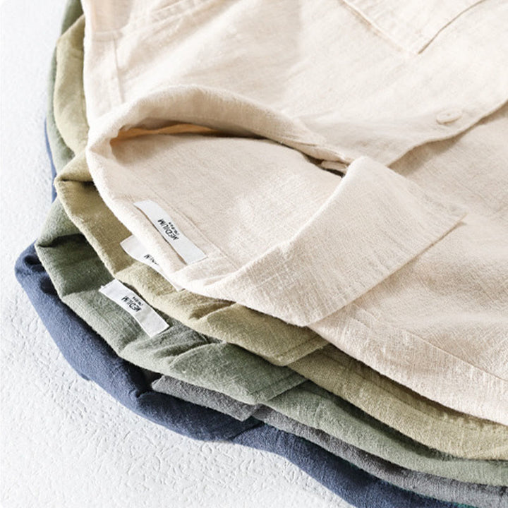 Buddha Stones通勤用 メンズ 無地ボタンデザイン コットンリネン 長袖シャツ ポケット付き - image 23