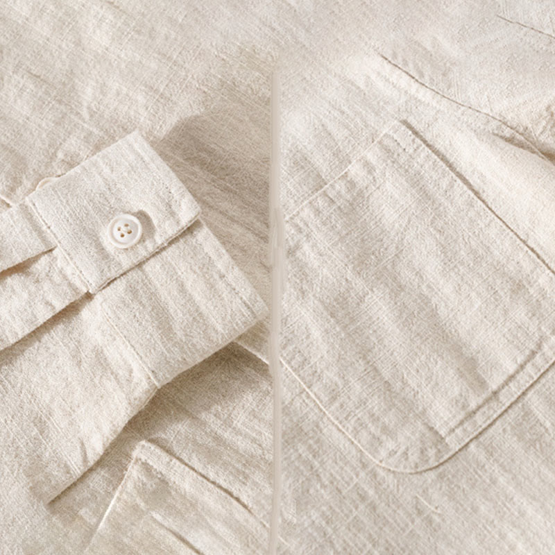 Buddha Stones通勤用 メンズ 無地ボタンデザイン コットンリネン 長袖シャツ ポケット付き - image 7