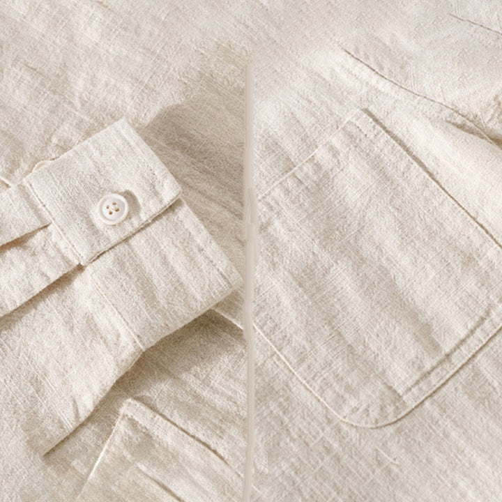 Buddha Stones通勤用 メンズ 無地ボタンデザイン コットンリネン 長袖シャツ ポケット付き - image 7