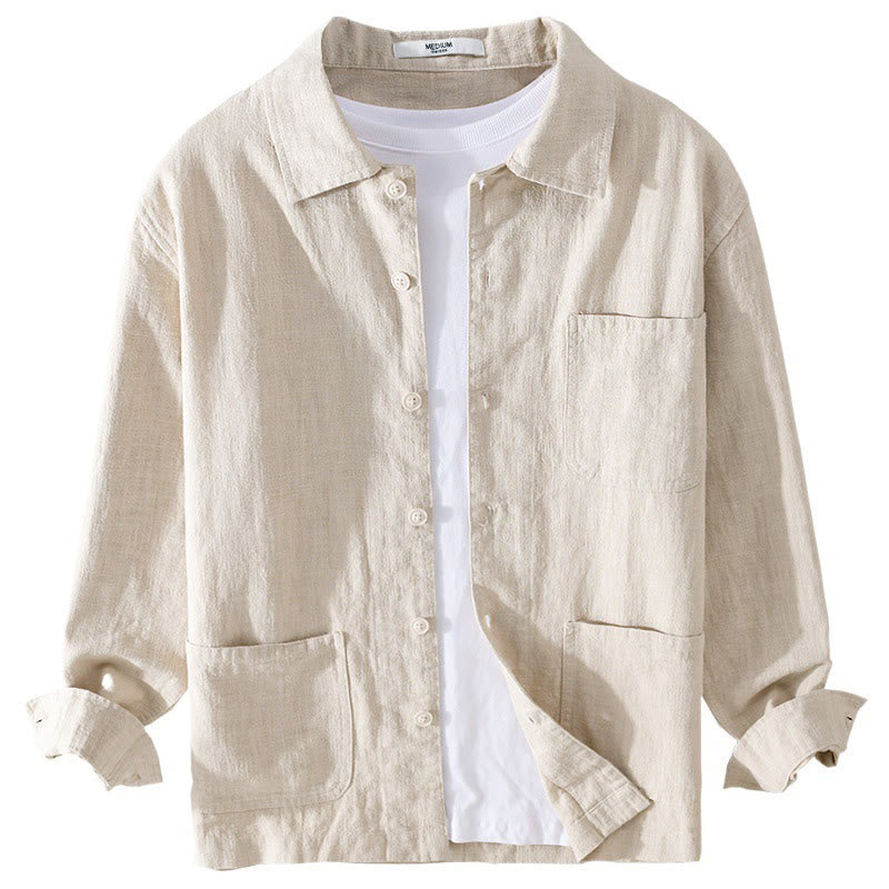 Buddha Stones通勤用 メンズ 無地ボタンデザイン コットンリネン 長袖シャツ ポケット付き - image 8