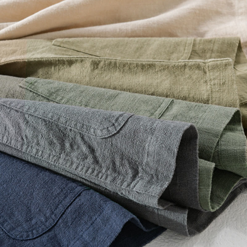 Buddha Stones通勤用 メンズ 無地ボタンデザイン コットンリネン 長袖シャツ ポケット付き - image 25