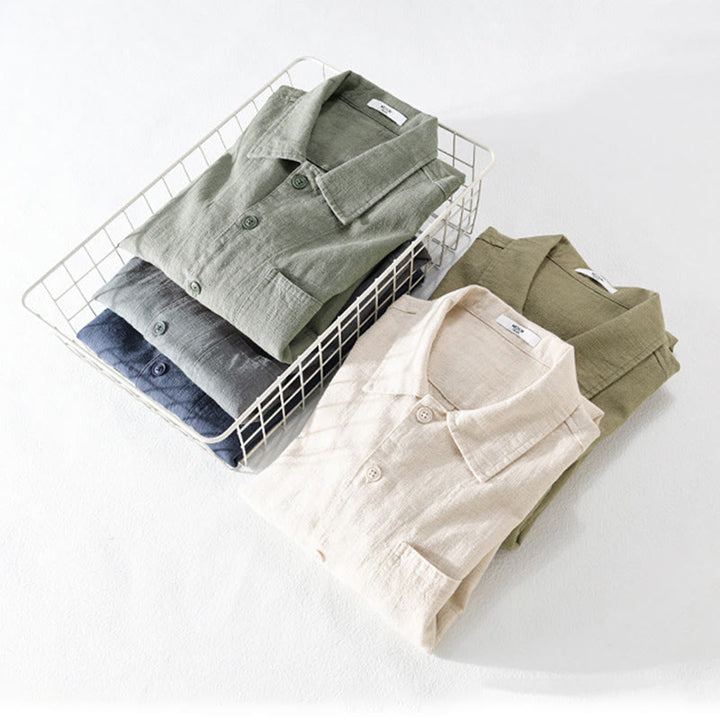 Buddha Stones通勤用 メンズ 無地ボタンデザイン コットンリネン 長袖シャツ ポケット付き - image 21