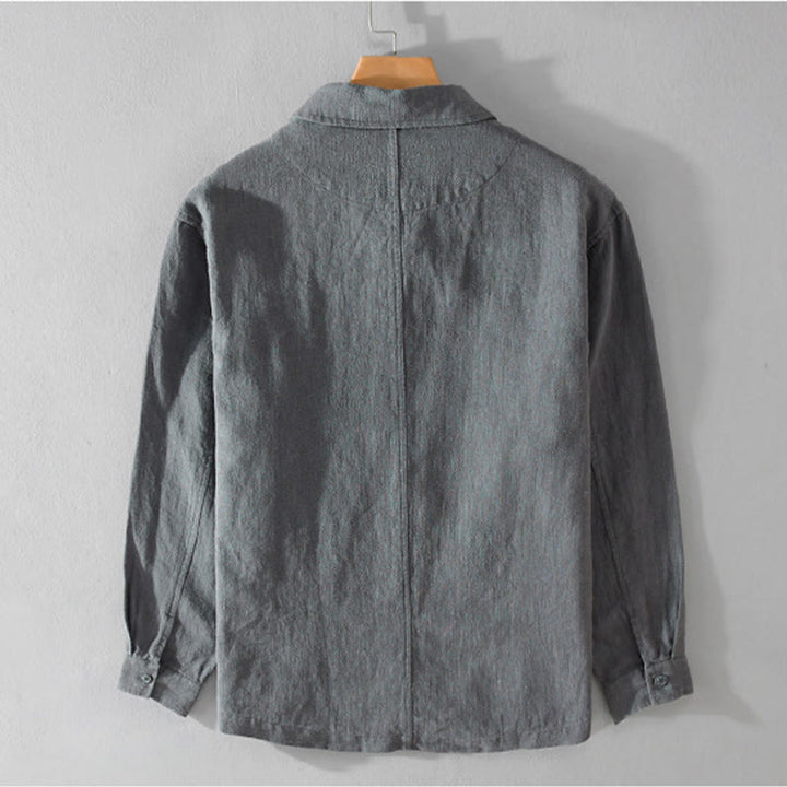 Buddha Stones通勤用 メンズ 無地ボタンデザイン コットンリネン 長袖シャツ ポケット付き - image 10