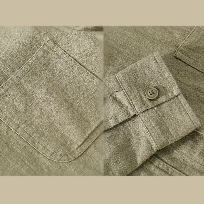 Buddha Stones通勤用 メンズ 無地ボタンデザイン コットンリネン 長袖シャツ ポケット付き - image 19