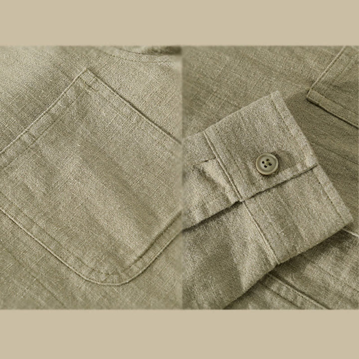 Buddha Stones通勤用 メンズ 無地ボタンデザイン コットンリネン 長袖シャツ ポケット付き - image 19