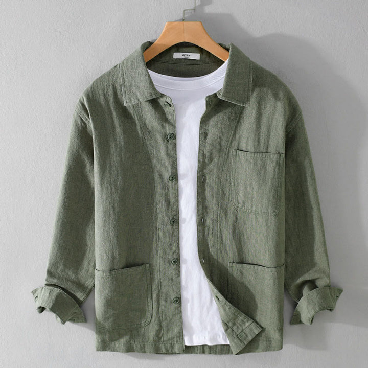 Buddha Stones通勤用 メンズ 無地ボタンデザイン コットンリネン 長袖シャツ ポケット付き - ミディアムシーグリーン - US/UK/AU42、 EU52 (3XL) - image 0
