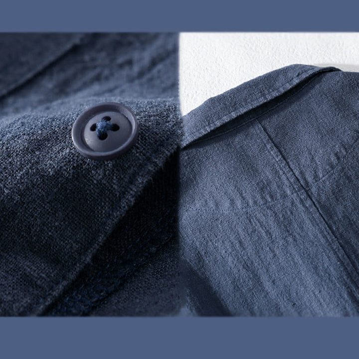 Buddha Stones通勤用 メンズ 無地ボタンデザイン コットンリネン 長袖シャツ ポケット付き - image 14