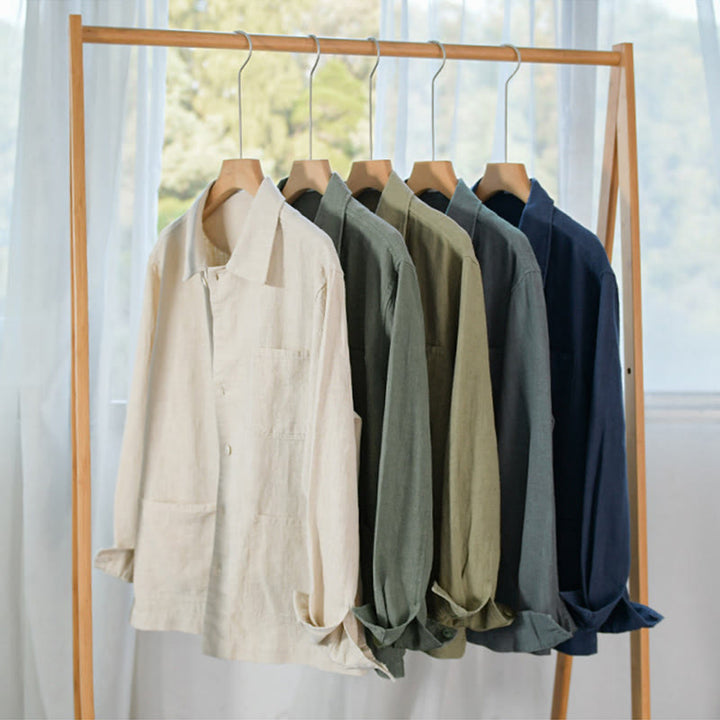 Buddha Stones通勤用 メンズ 無地ボタンデザイン コットンリネン 長袖シャツ ポケット付き - image 26