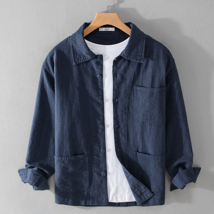 Buddha Stones通勤用 メンズ 無地ボタンデザイン コットンリネン 長袖シャツ ポケット付き - ダークブルー - US/UK/AU42、 EU52 (3XL) - image 12