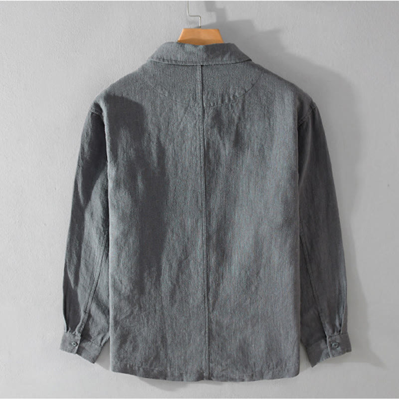 Buddha Stones通勤用 メンズ 無地ボタンデザイン コットンリネン 長袖シャツ ポケット付き - image 11
