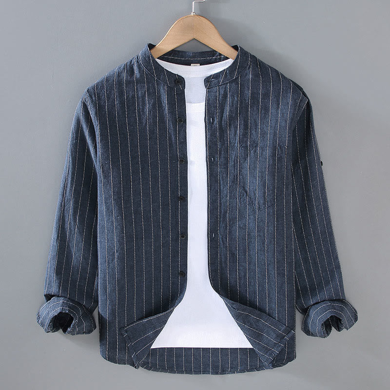 Buddha Stonesデイリータンスーツ メンズ ストライプ柄 コットンリネン 長袖シャツ - ミッドナイトブルー - US/UK/AU42、 EU52 (3XL) - image 1