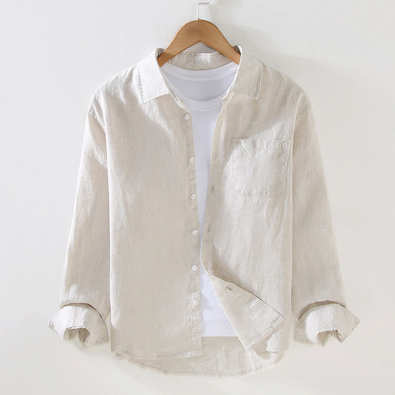 Buddha Stones春 メンズ カジュアル 純色 リネン 長袖 シャツ ポケット付き - ベージュ - US/UK/AU42、 EU52 (3XL) - image 1