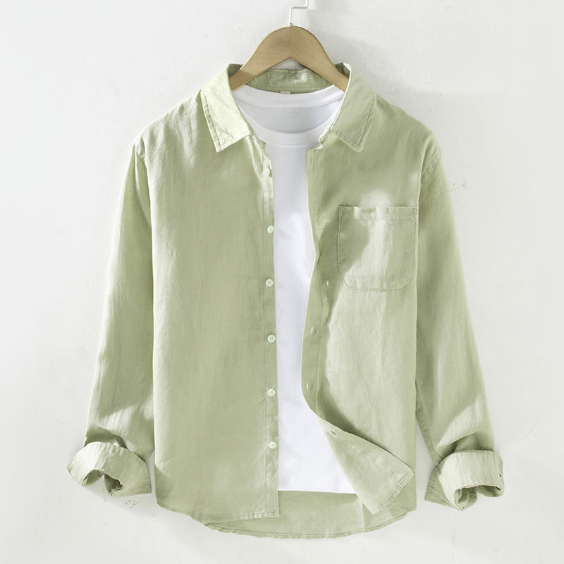 Buddha Stones春 メンズ カジュアル 純色 リネン 長袖 シャツ ポケット付き - ペールグリーン - US/UK/AU42、 EU52 (3XL) - image 11