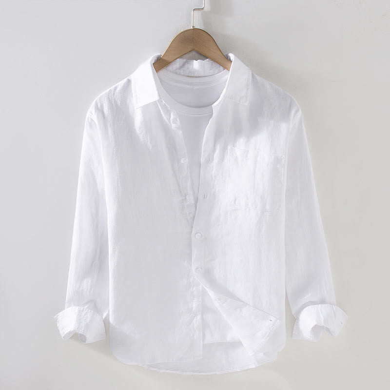 Buddha Stones春 メンズ カジュアル 純色 リネン 長袖 シャツ ポケット付き - 白 - US/UK/AU42、 EU52 (3XL) - image 8