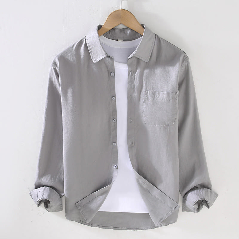 Buddha Stones春 メンズ カジュアル 純色 リネン 長袖 シャツ ポケット付き - 銀 - US/UK/AU42、 EU52 (3XL) - image 9