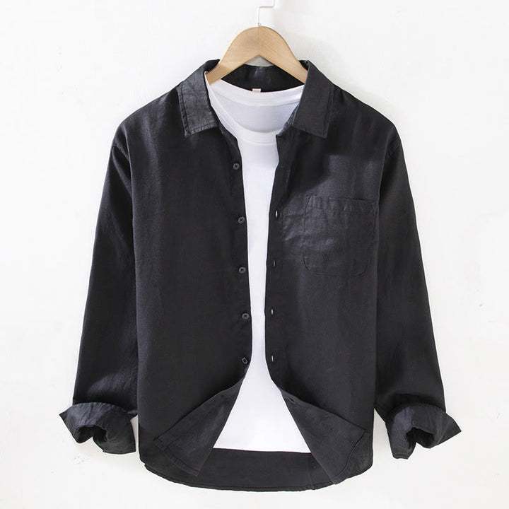 Buddha Stones春 メンズ カジュアル 純色 リネン 長袖 シャツ ポケット付き - 黒 - US/UK/AU42、 EU52 (3XL) - image 9