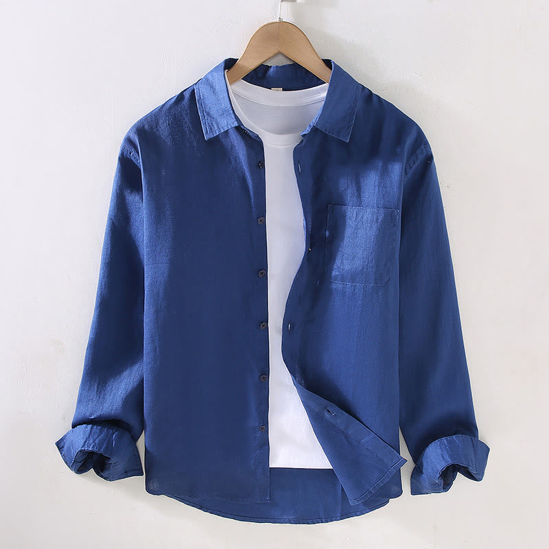 Buddha Stones春 メンズ カジュアル 純色 リネン 長袖 シャツ ポケット付き - ミディアムブルー - US/UK/AU42、 EU52 (3XL) - image 13