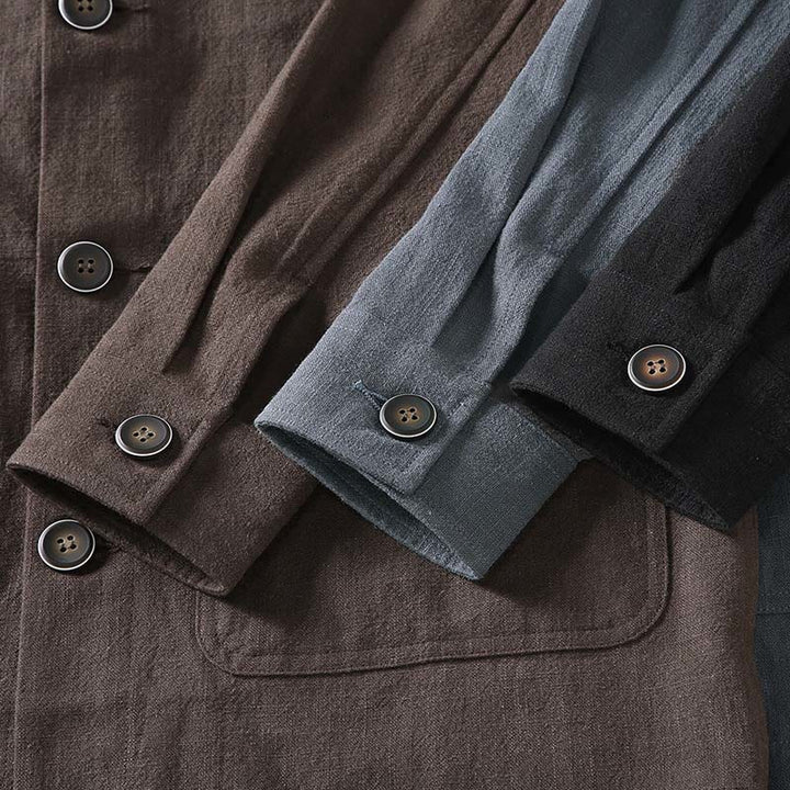 Buddha Stones通勤用 無地 長袖 ボタンラペルデザイン メンズ ラミー リネン ジャケット ポケット付き - image 14