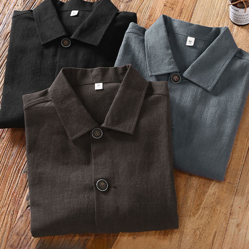 Buddha Stones通勤用 無地 長袖 ボタンラペルデザイン メンズ ラミー リネン ジャケット ポケット付き - image 13