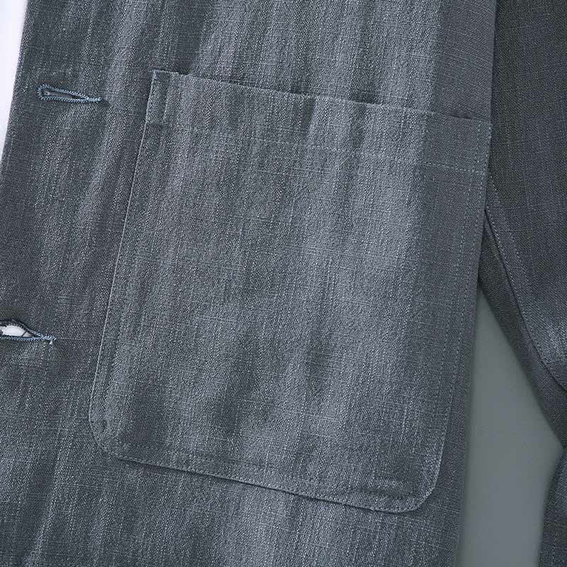 Buddha Stones通勤用 無地 長袖 ボタンラペルデザイン メンズ ラミー リネン ジャケット ポケット付き - image 7