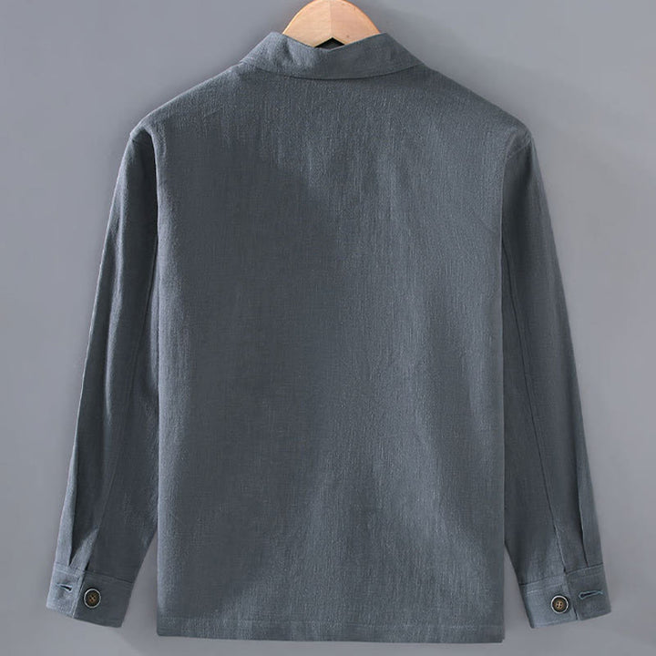 Buddha Stones通勤用 無地 長袖 ボタンラペルデザイン メンズ ラミー リネン ジャケット ポケット付き - image 4