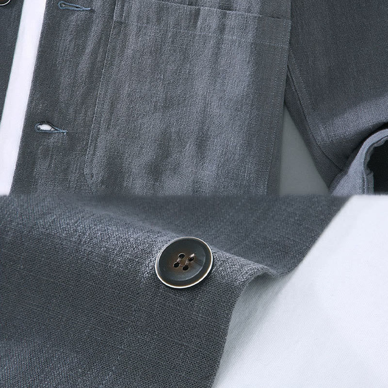 Buddha Stones通勤用 無地 長袖 ボタンラペルデザイン メンズ ラミー リネン ジャケット ポケット付き - image 9