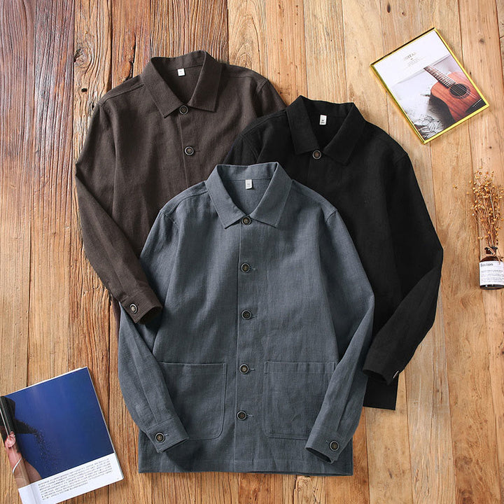 Buddha Stones通勤用 無地 長袖 ボタンラペルデザイン メンズ ラミー リネン ジャケット ポケット付き - image 12