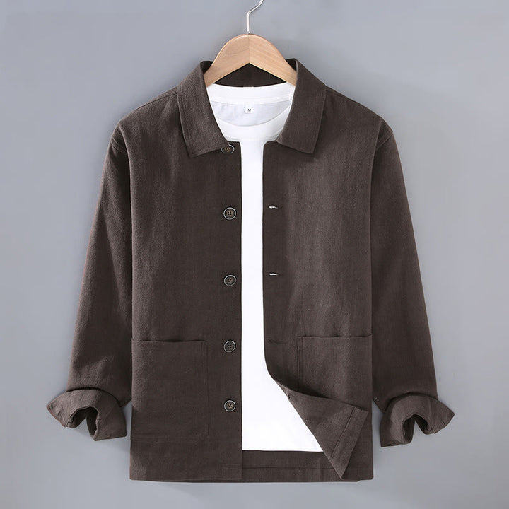 Buddha Stones通勤用 無地 長袖 ボタンラペルデザイン メンズ ラミー リネン ジャケット ポケット付き - サドルブラウン - US/UK/AU42、 EU52 (3XL) - image 0