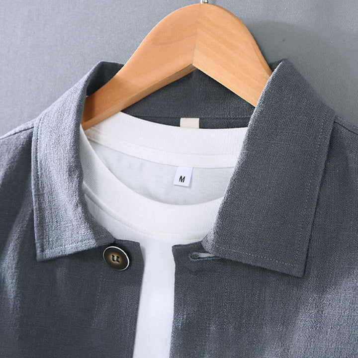 Buddha Stones通勤用 無地 長袖 ボタンラペルデザイン メンズ ラミー リネン ジャケット ポケット付き - image 5