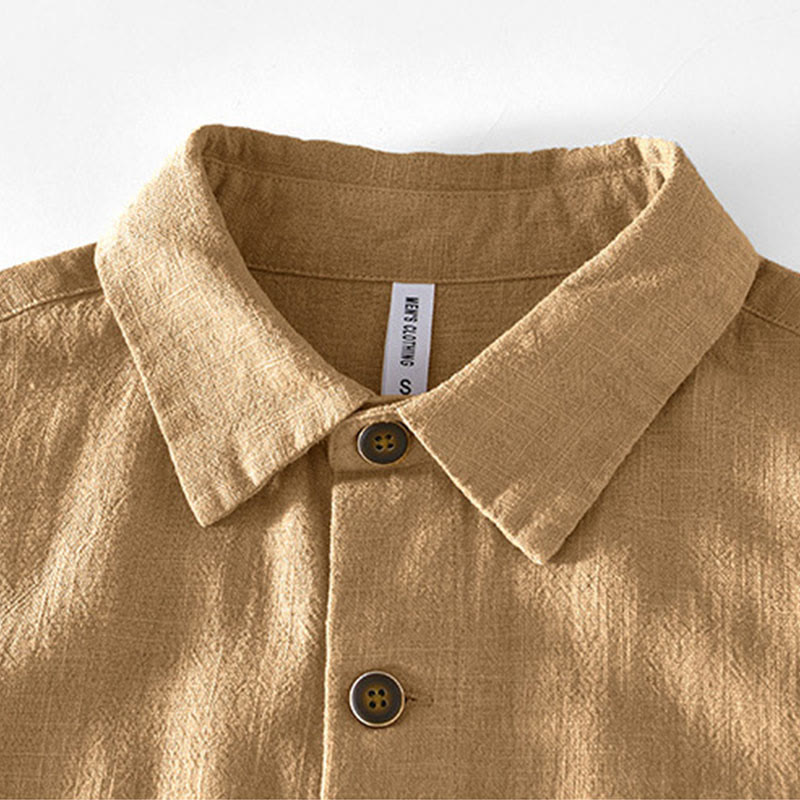 Buddha Stones通勤用 無地 シンプル ボタンデザイン メンズ 長袖 ラミー リネン ジャケット ポケット付き - image 1