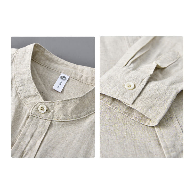 Buddha Stones メンズ 長袖 コットンリネン 無地 スタンドカラー ポケット付き カジュアルシャツ - image 3