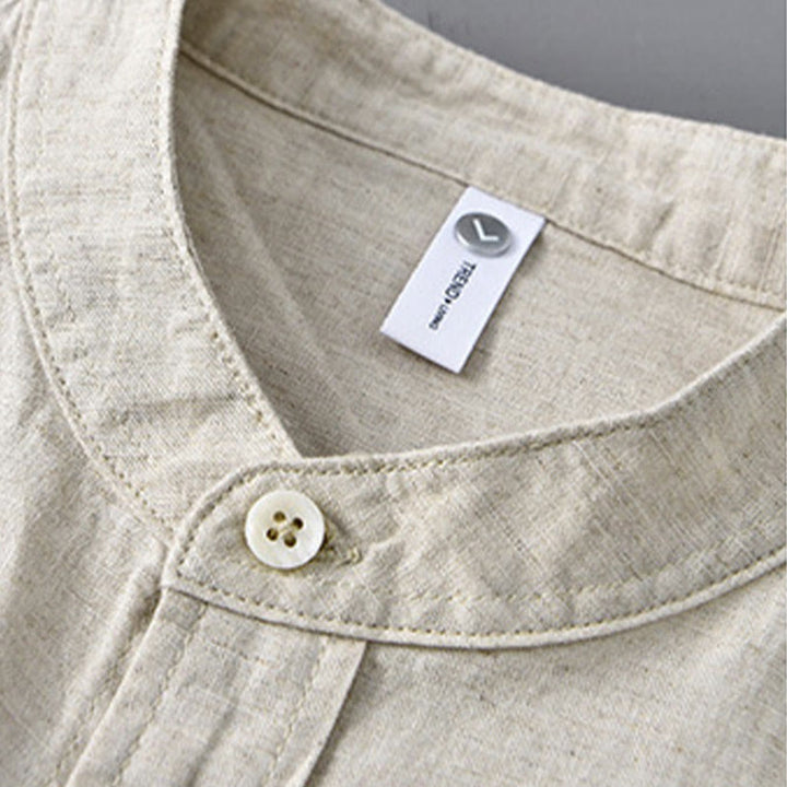Buddha Stones メンズ 長袖 コットンリネン 無地 スタンドカラー ポケット付き カジュアルシャツ - image 1