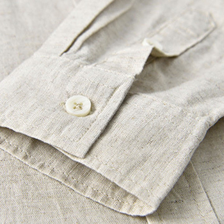 Buddha Stones メンズ 長袖 コットンリネン 無地 スタンドカラー ポケット付き カジュアルシャツ - image 2