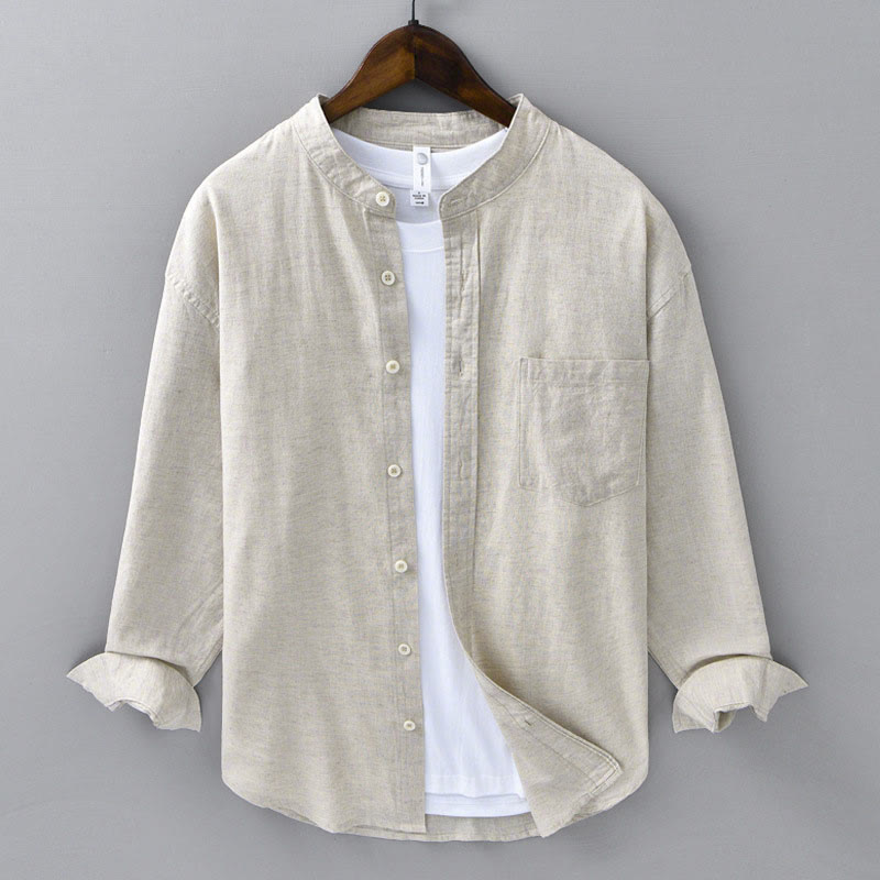 Buddha Stones メンズ 長袖 コットンリネン 無地 スタンドカラー ポケット付き カジュアルシャツ - リネン - US/UK/AU40、EU50（3XL） - image 1