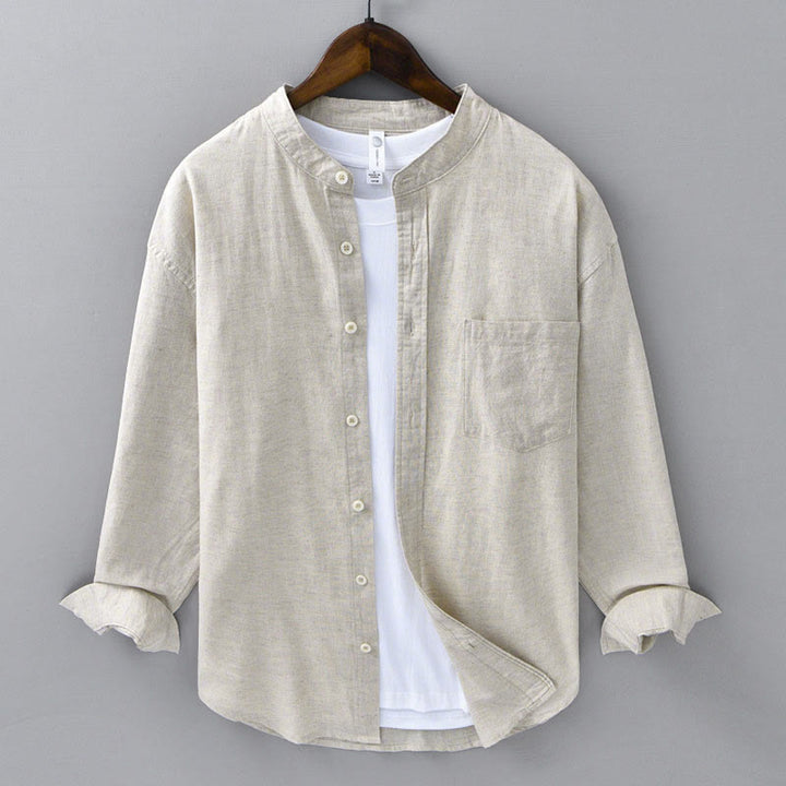 Buddha Stones メンズ 長袖 コットンリネン 無地 スタンドカラー ポケット付き カジュアルシャツ - リネン - US/UK/AU40、EU50（3XL） - image 1