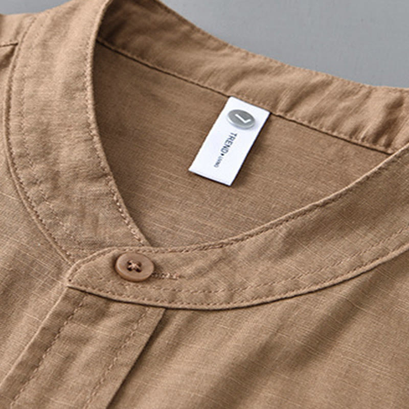 Buddha Stones メンズ 長袖 コットンリネン 無地 スタンドカラー ポケット付き カジュアルシャツ - image 22